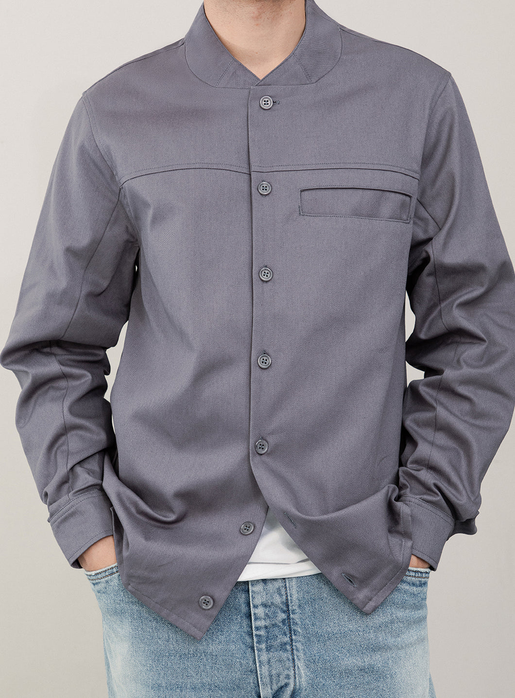 Murano Collar Overshirt in Grey Cotton Gabardine