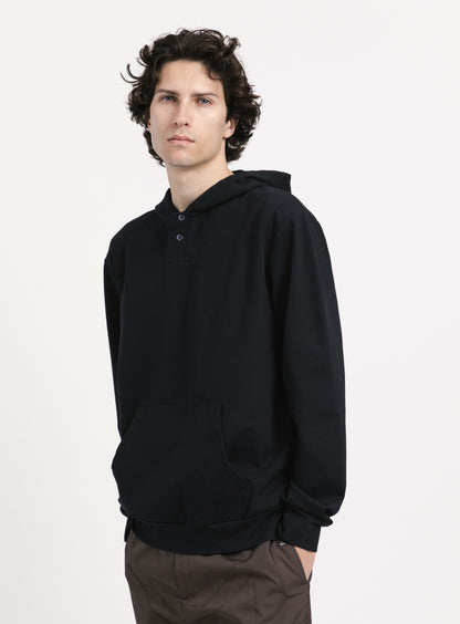 Hooded Sweatshirt with 2 Buttons in Navy Blue Technical Knit