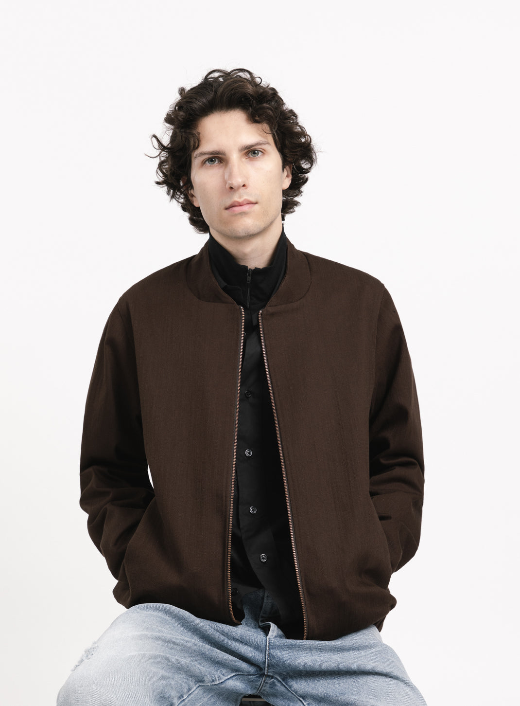 Murano Collar Bomber Jacket in Chocolate Weaved Denim
