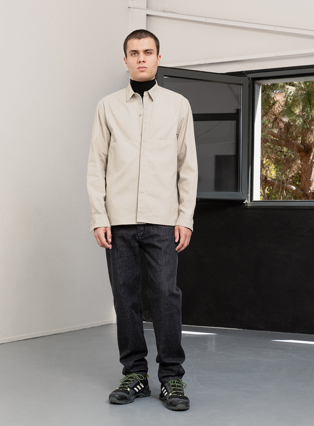 Overshirt with Front Cuts in Ivory Canvas