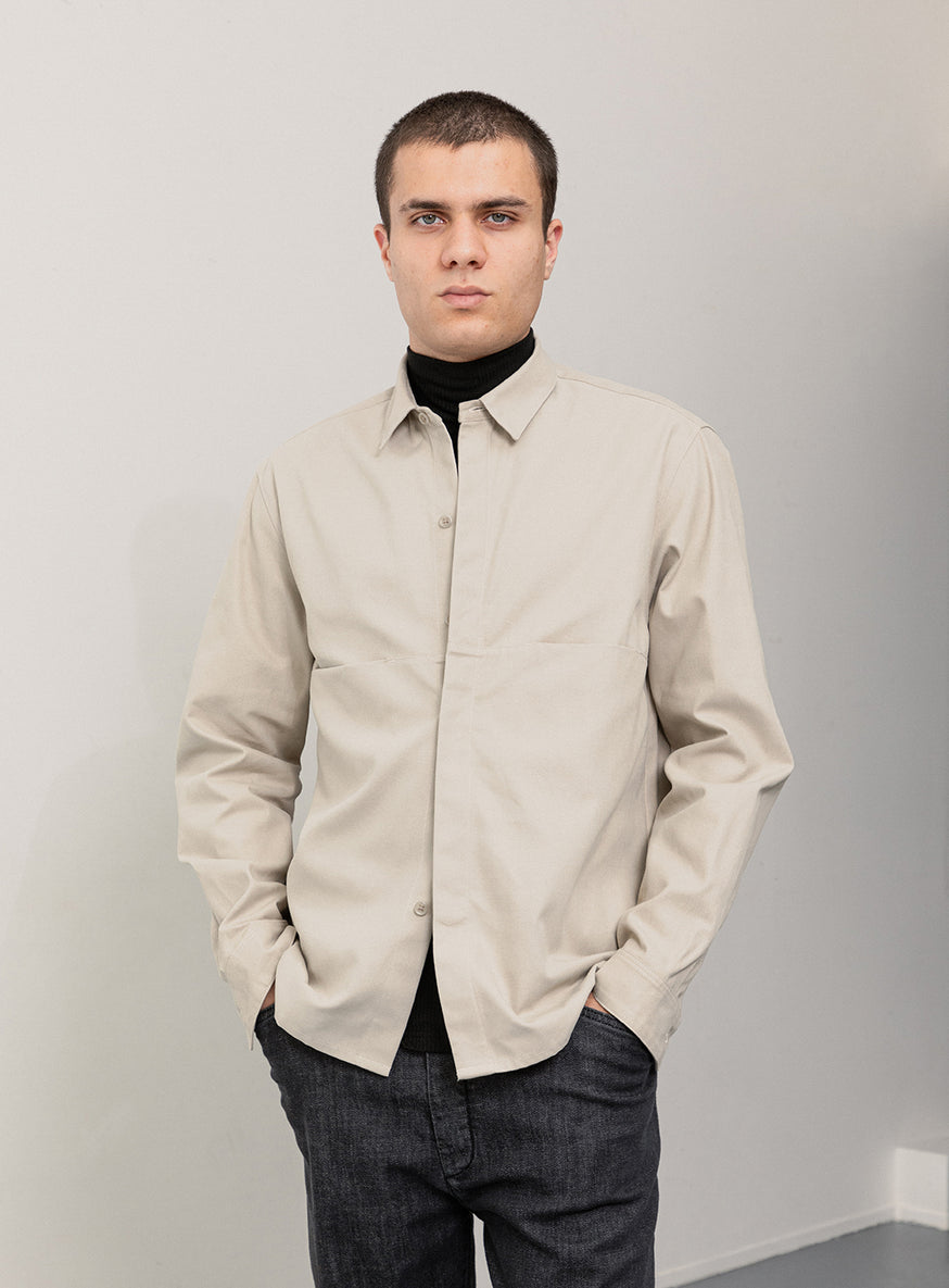 Overshirt with Front Cuts in Ivory Canvas