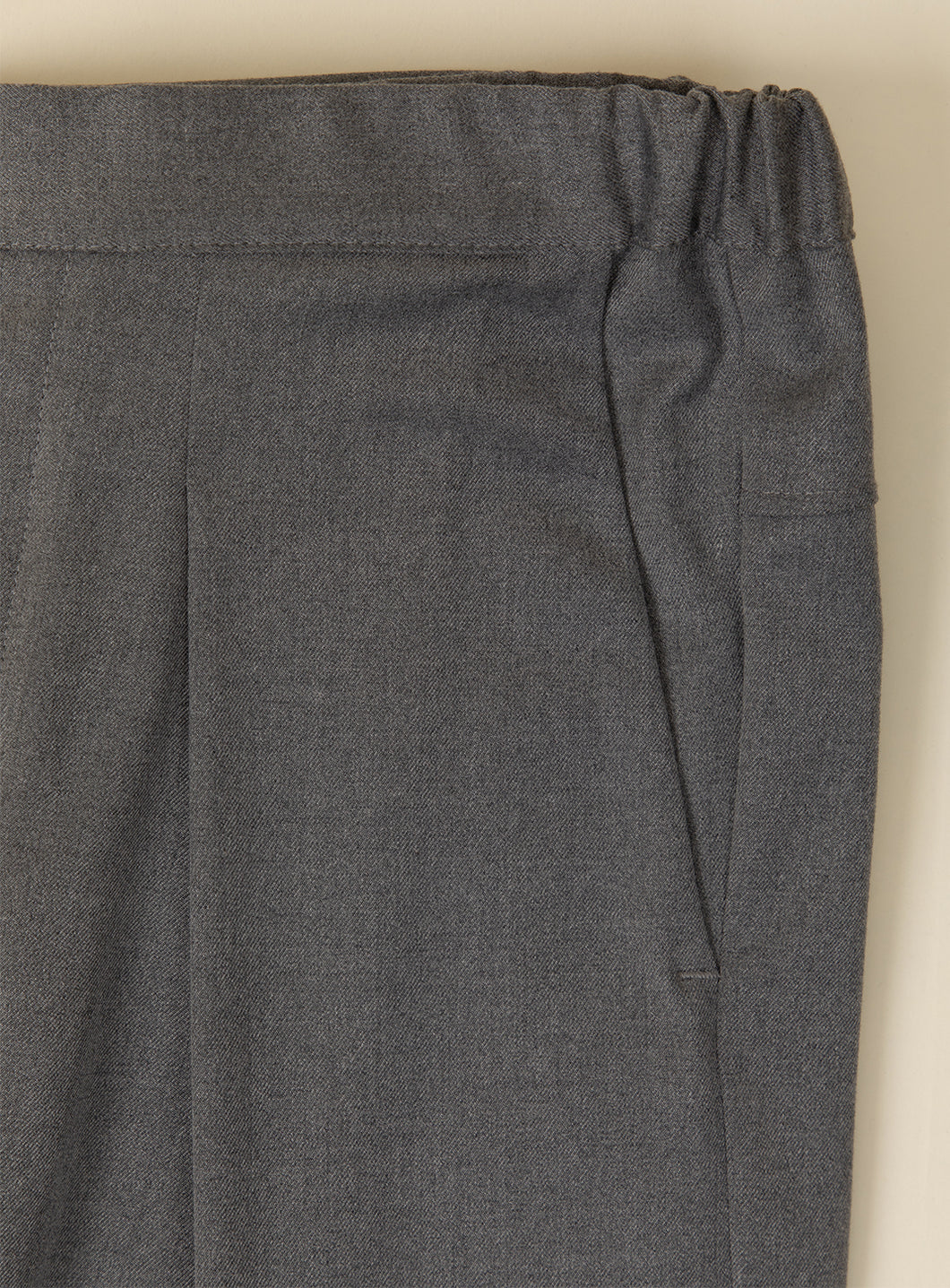 Elastic Waist Pants with Deep Pleats in Heather Grey Serge Fabric