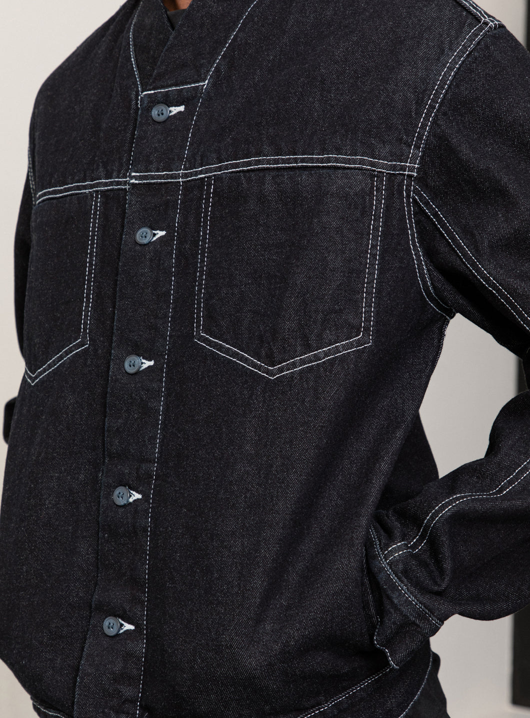 False Collar Jacket in Raw Denim with White Stitching