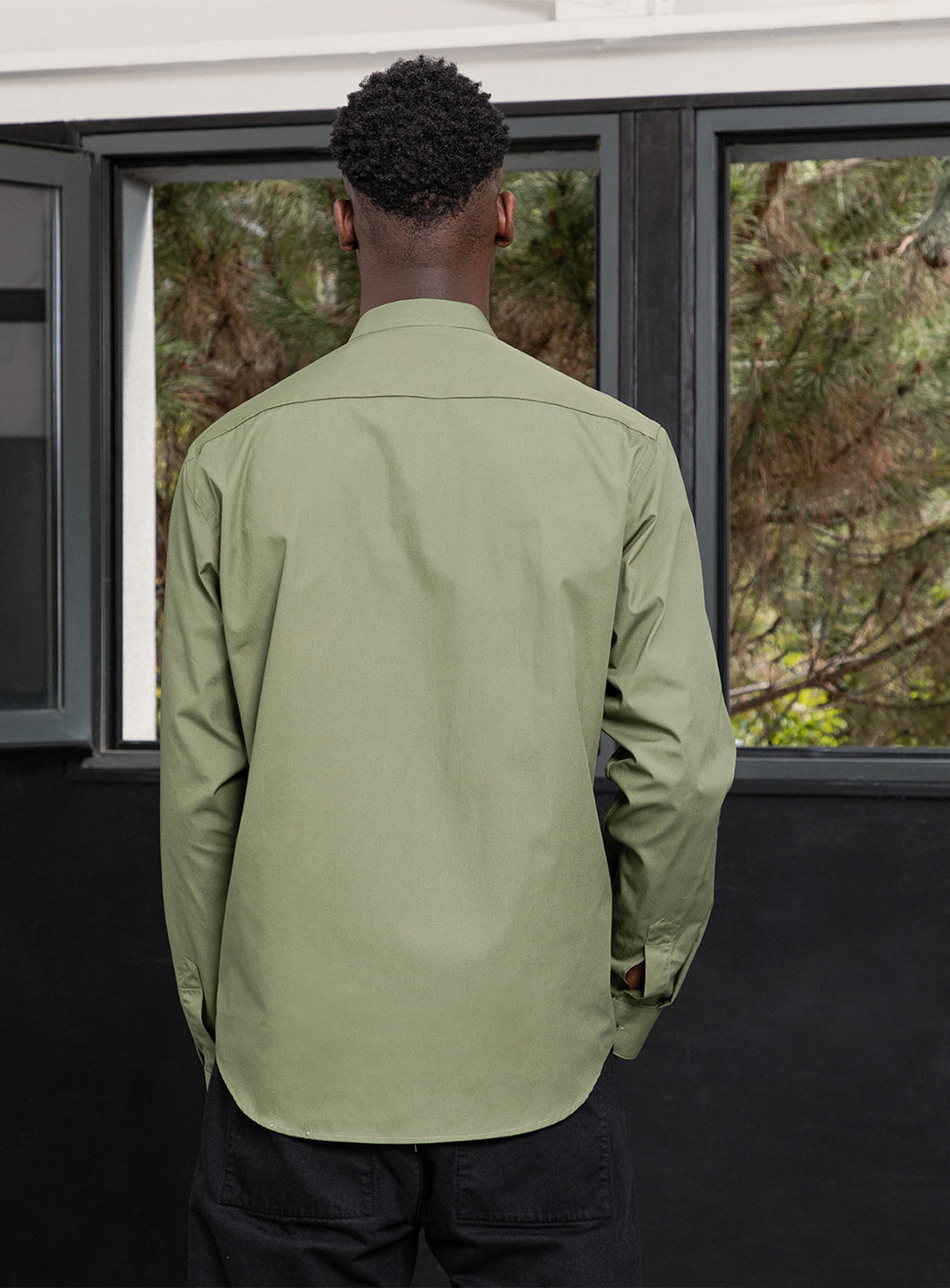 False Collar Shirt in Olive Poplin