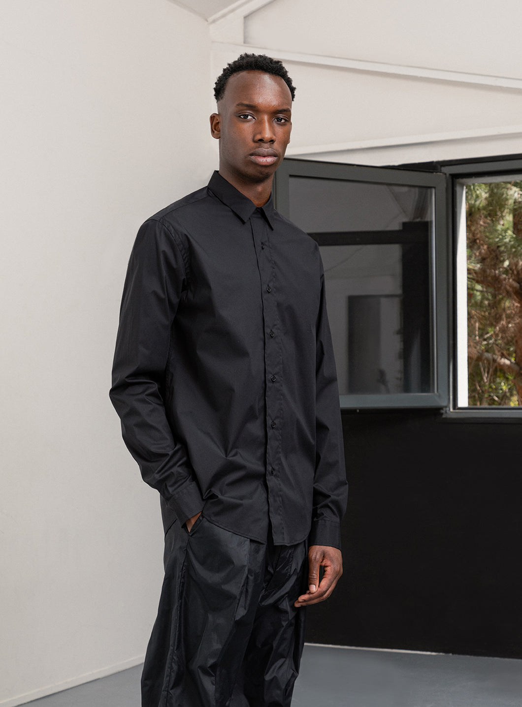 Shirt with Collar Tab in Black Poplin