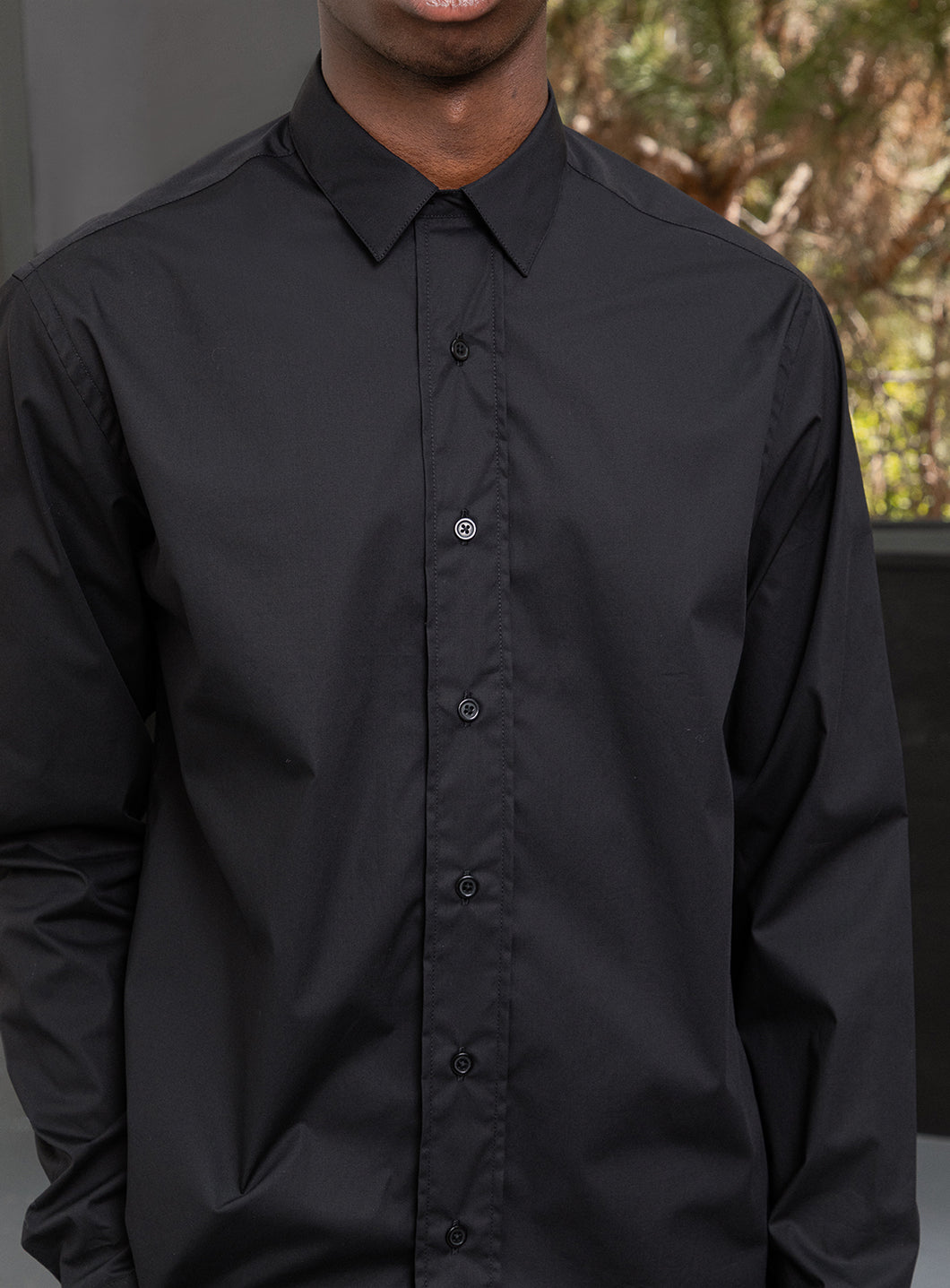 Shirt with Collar Tab in Black Poplin