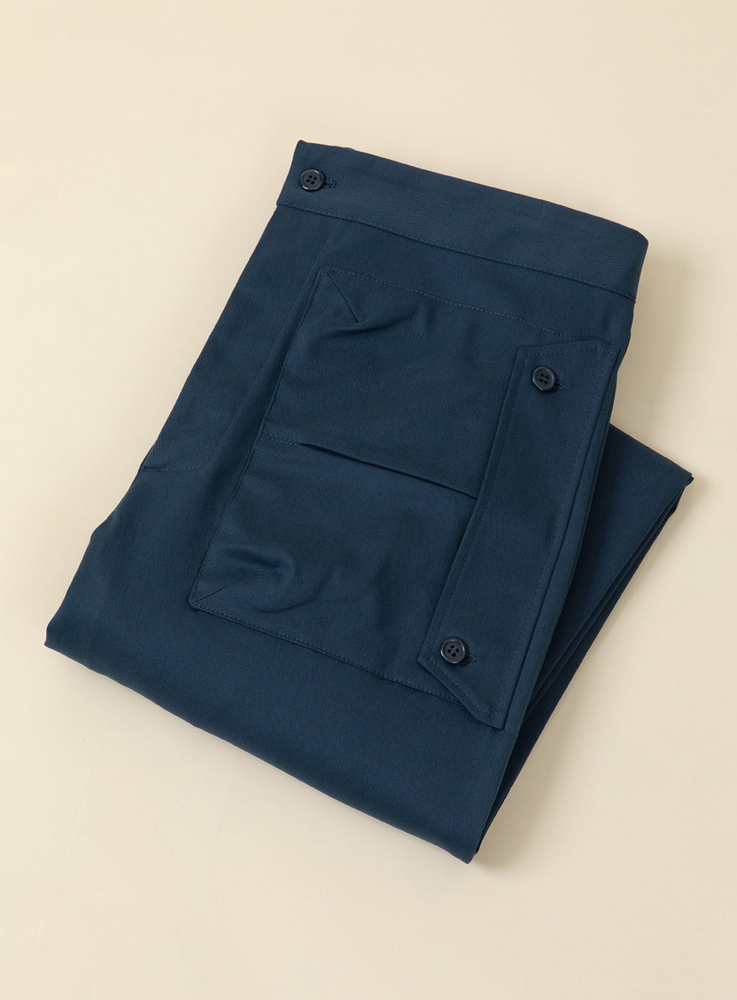 Pants with Envelope Pockets in Petrol Blue Satin Cotton