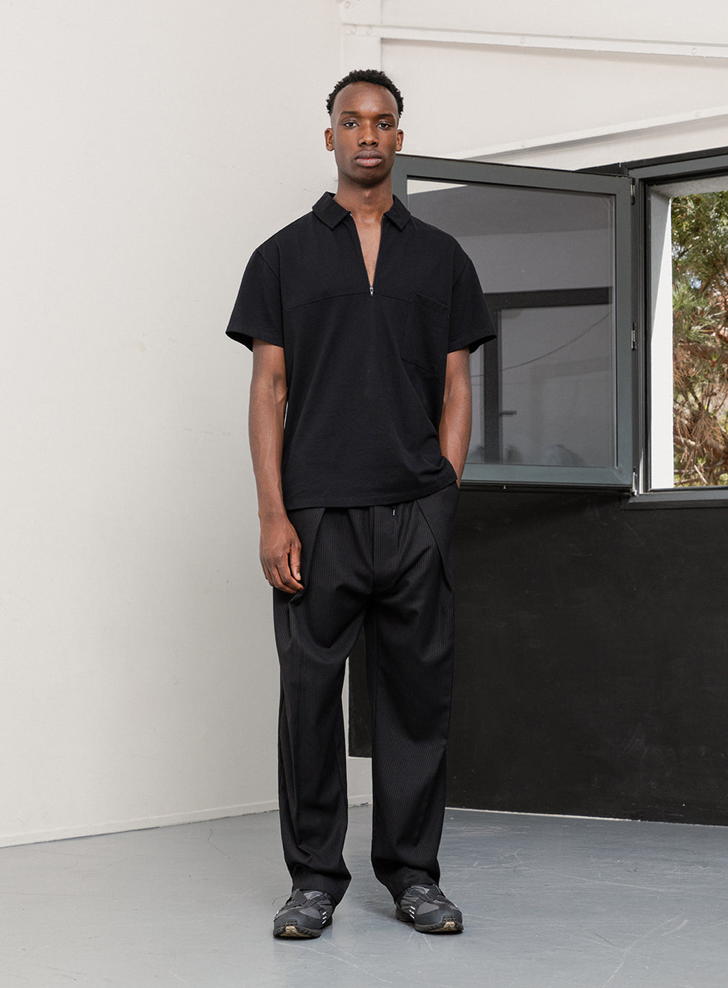 Short Sleeve Zipped Poloshirt in Black Mercerized Cotton Piqué