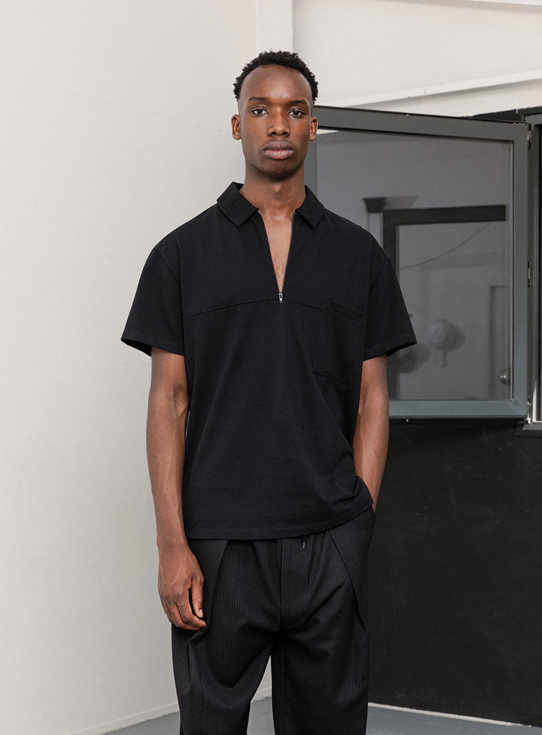 Short Sleeve Zipped Poloshirt in Black Mercerized Cotton Piqué