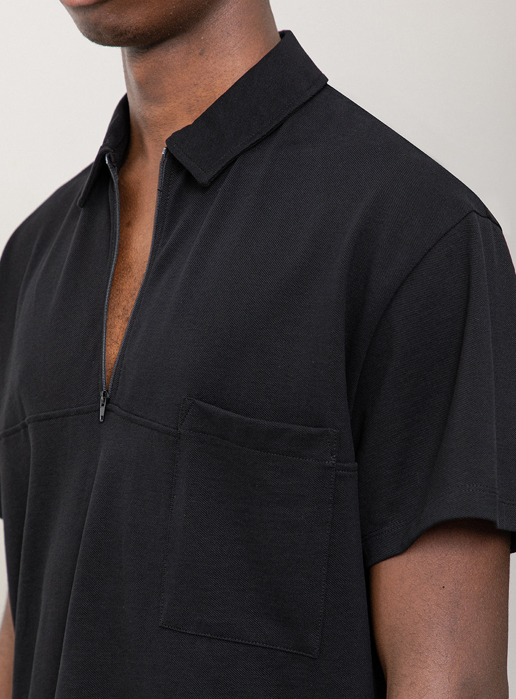 Short Sleeve Zipped Poloshirt in Black Mercerized Cotton Piqué