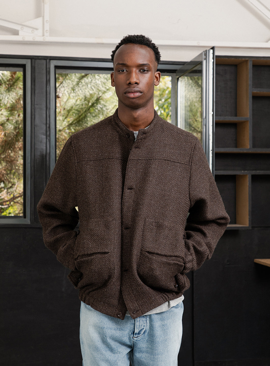 Bomber Jacket with Envelope Pockets in Light Chocolate Italian Wool