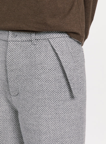 Flap Pockets Pants in Light Grey Herringbone Wool