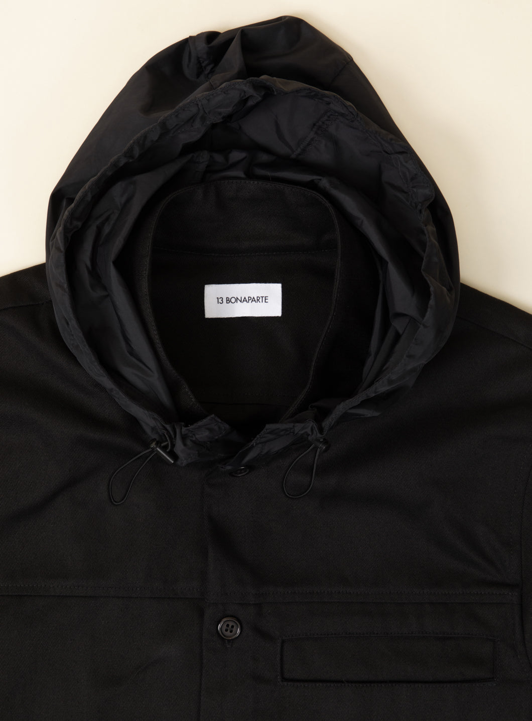 Hooded Murano Collar Overshirt in Black Cotton Gabardine