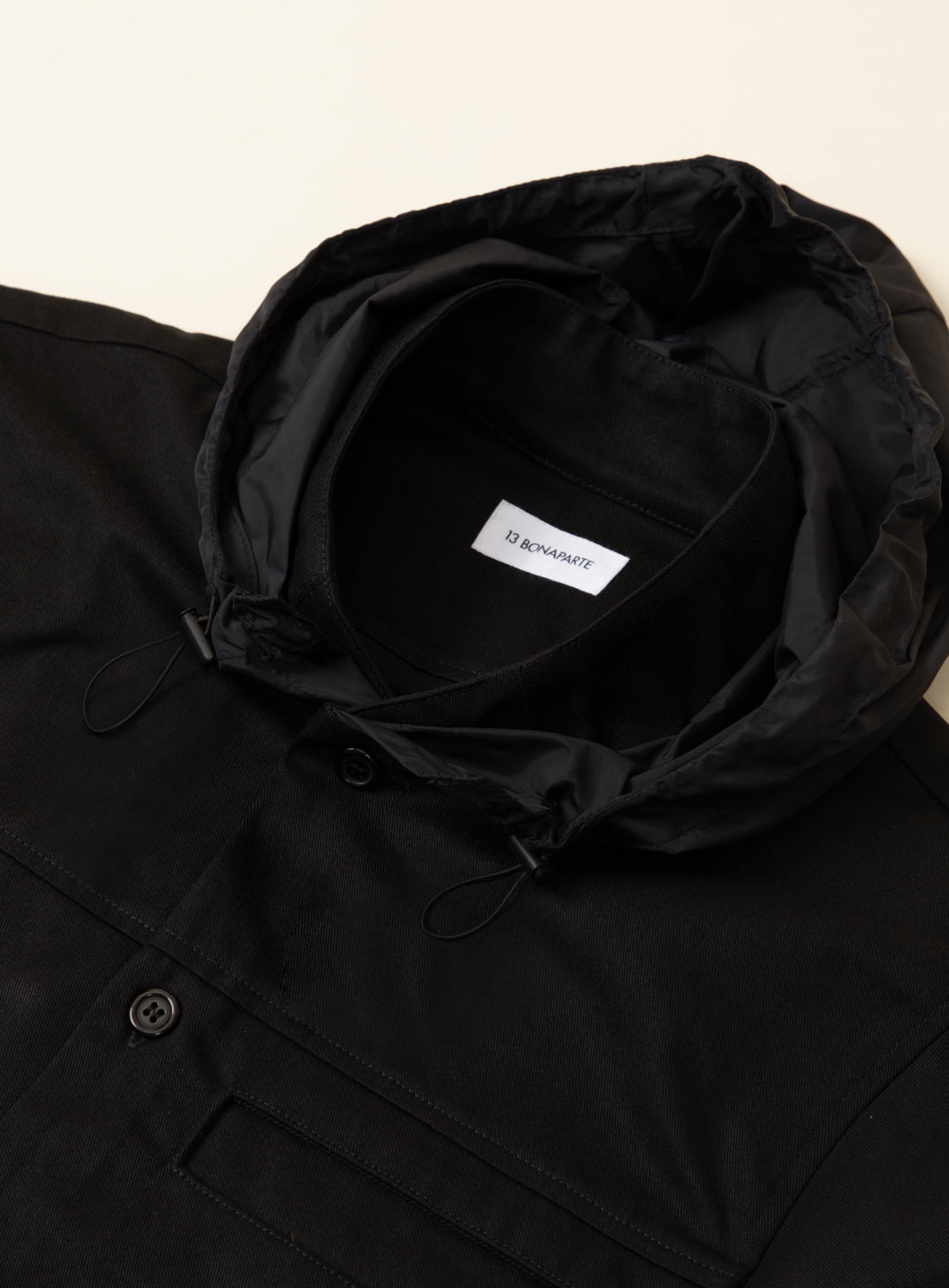 Hooded Murano Collar Overshirt in Black Cotton Gabardine