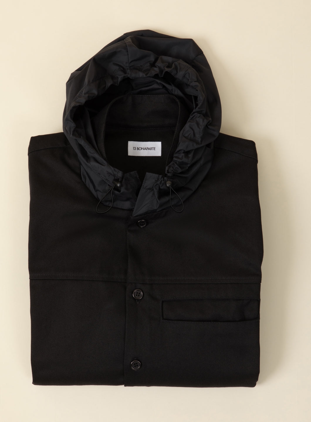 Hooded Murano Collar Overshirt in Black Cotton Gabardine