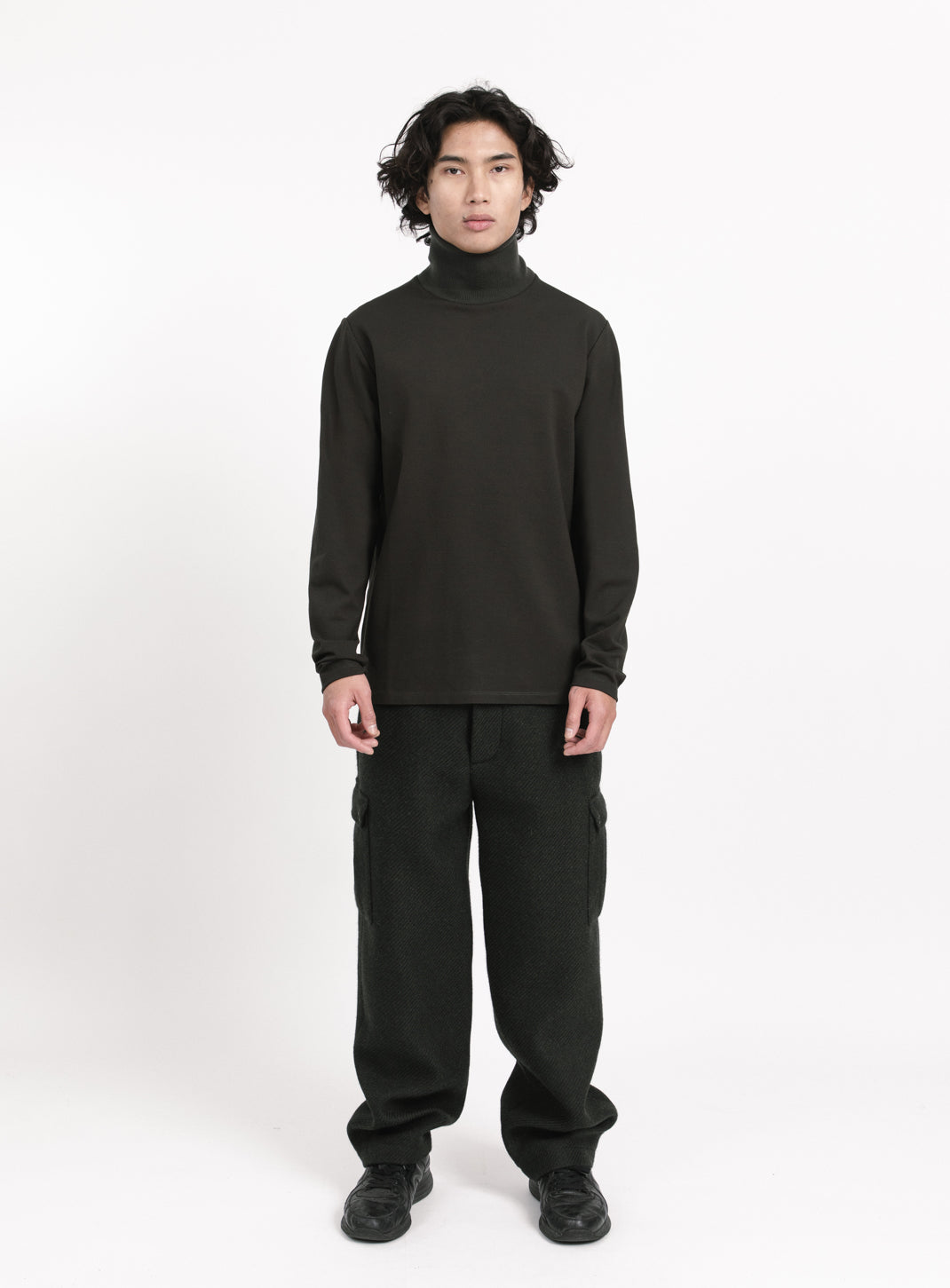 Ribbed High Neck Sweatshirt in Olive Technical Knit