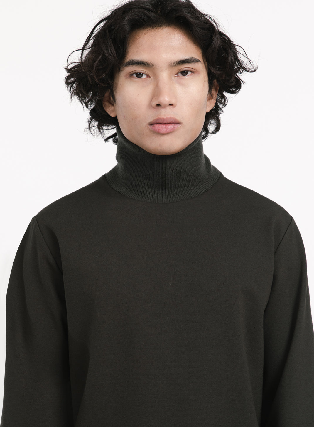 Ribbed High Neck Sweatshirt in Olive Technical Knit