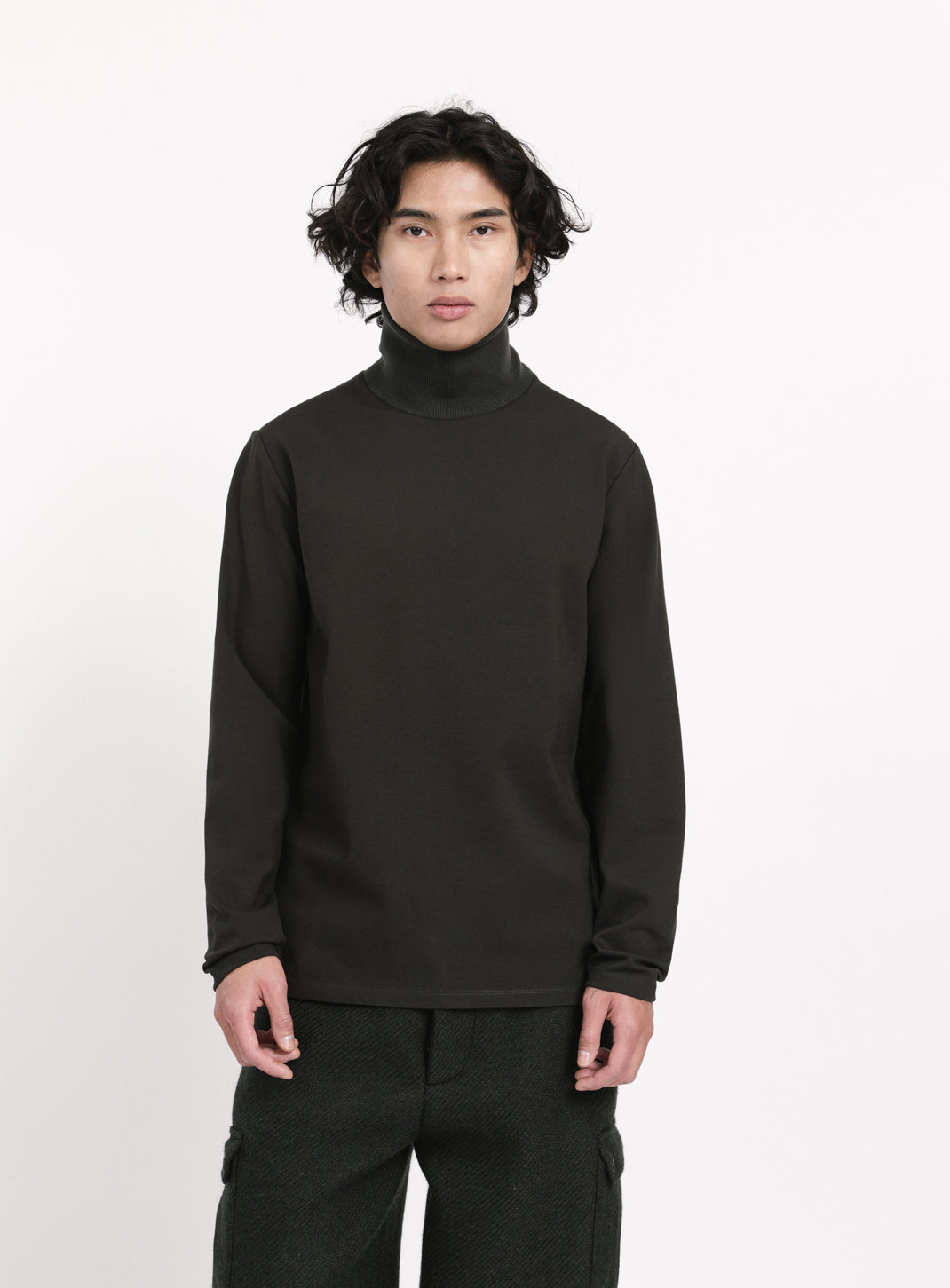 Ribbed High Neck Sweatshirt in Olive Technical Knit
