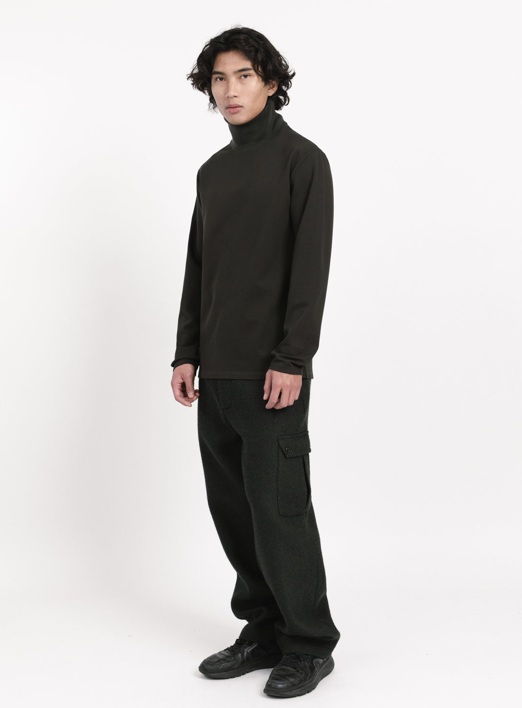 Ribbed High Neck Sweatshirt in Olive Technical Knit