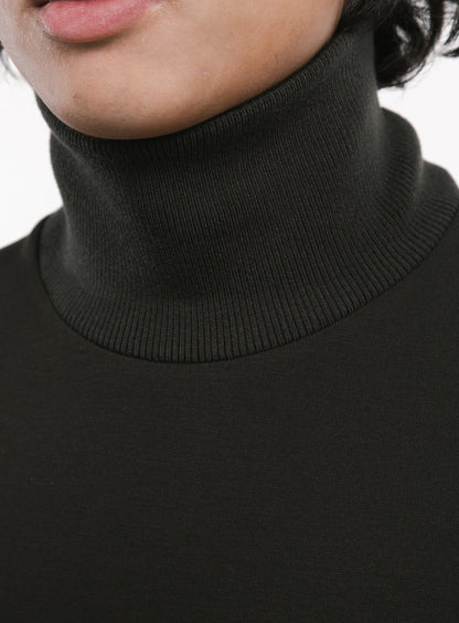 Ribbed High Neck Sweatshirt in Olive Technical Knit