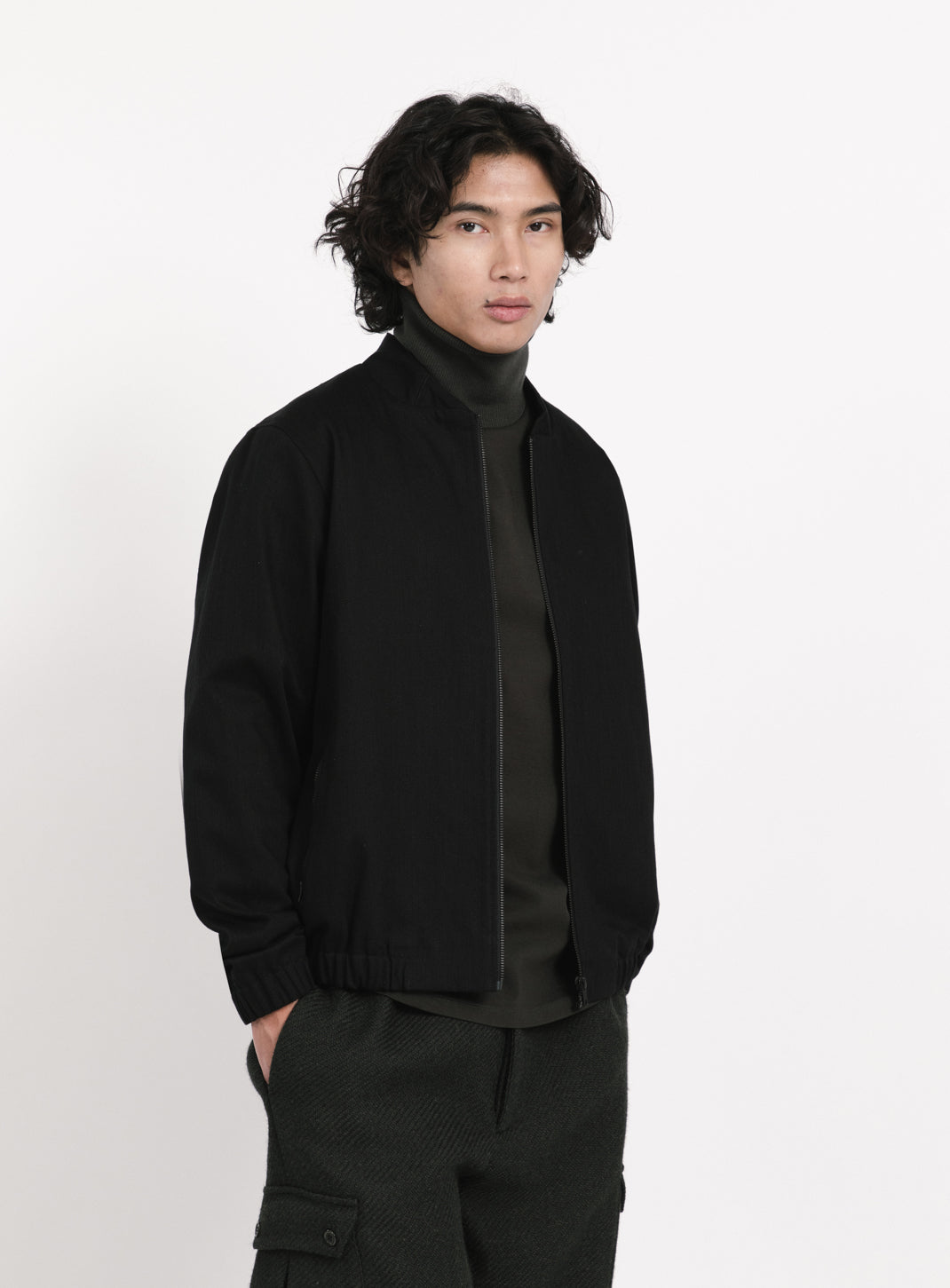 Murano Collar Bomber Jacket in Black Weaved Denim