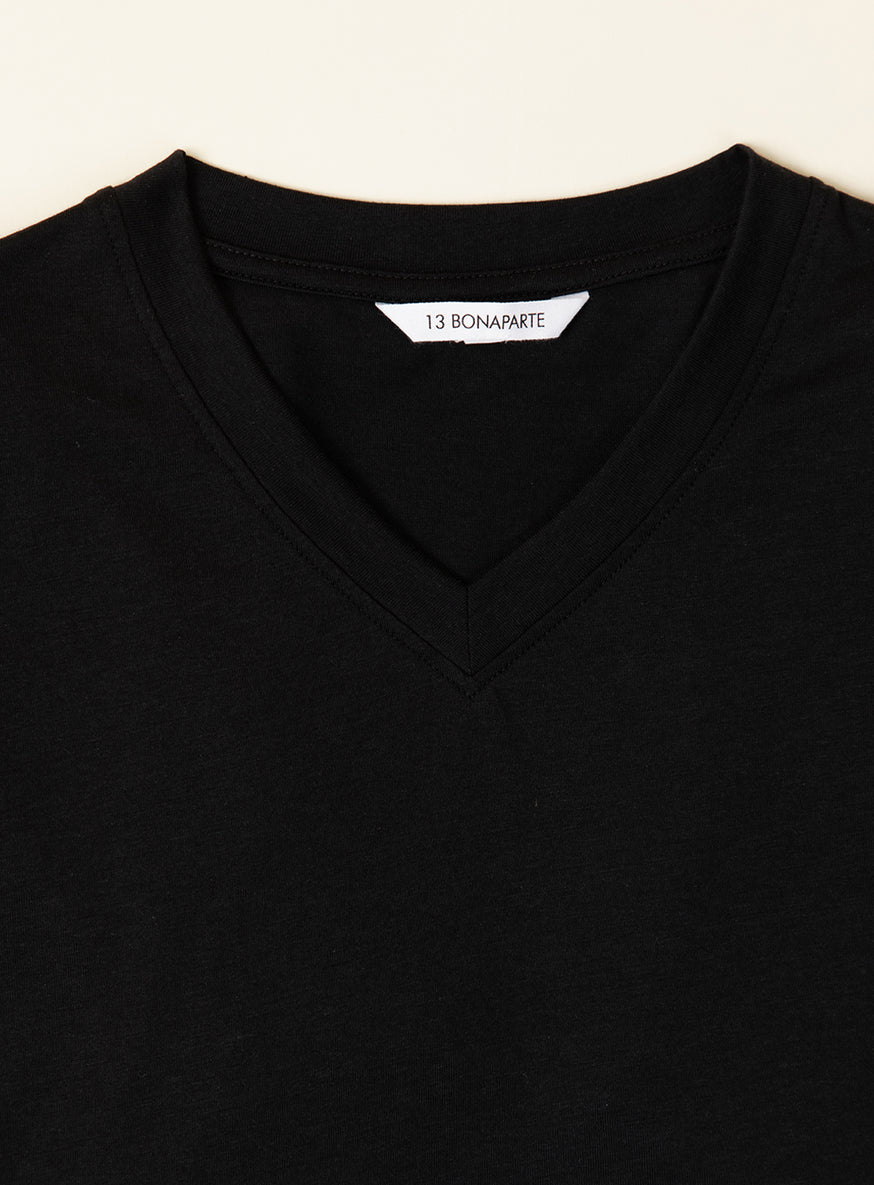 V Neck Short Sleeve T-Shirt in Black Eucalyptus & Cotton