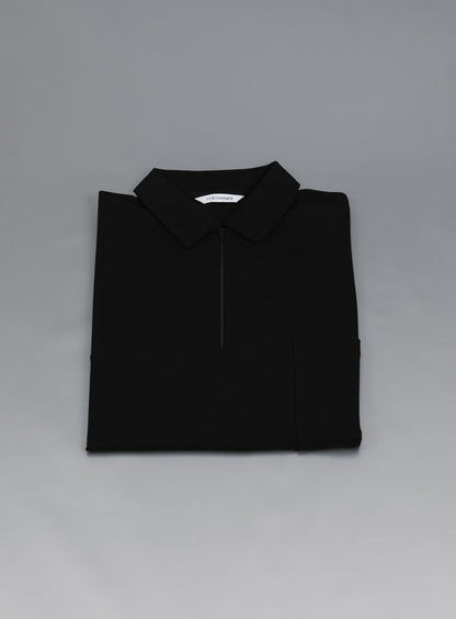 Short Sleeve Zipped Poloshirt in Black Mercerized Cotton Piqué