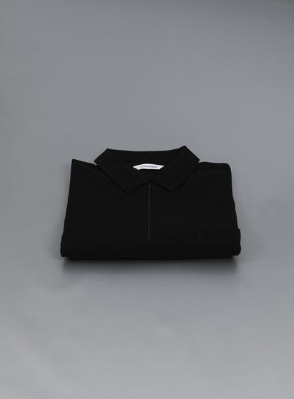 Short Sleeve Zipped Poloshirt in Black Mercerized Cotton Piqué