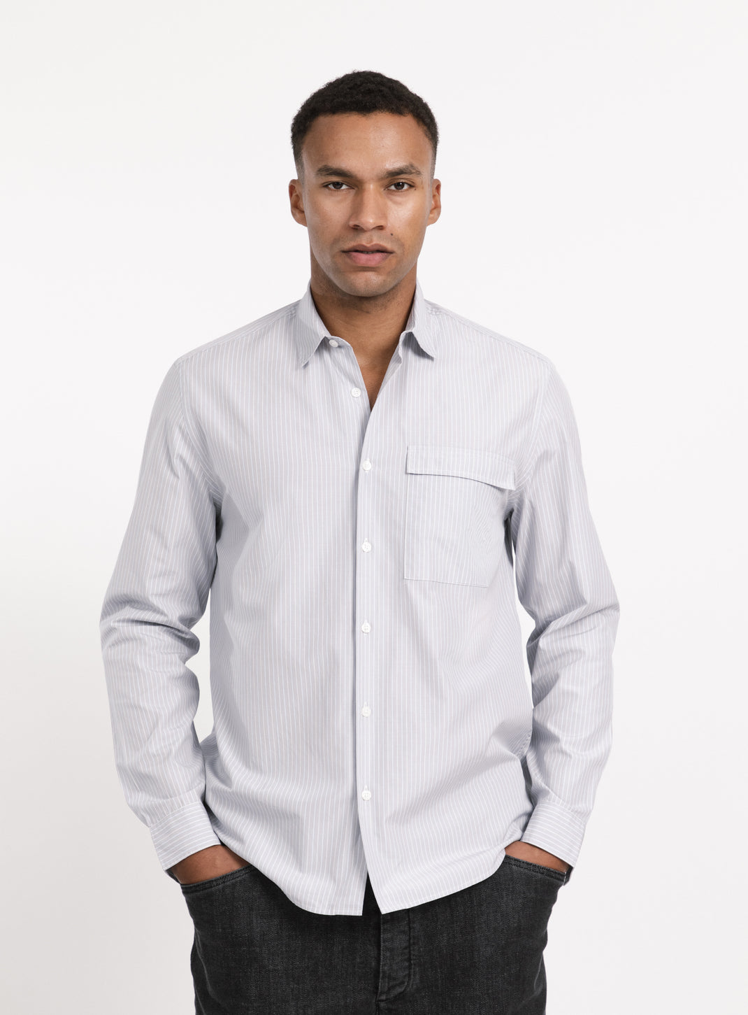 Shirt with Chest Pocket in Light Grey Poplin with Blue Fine Stripes