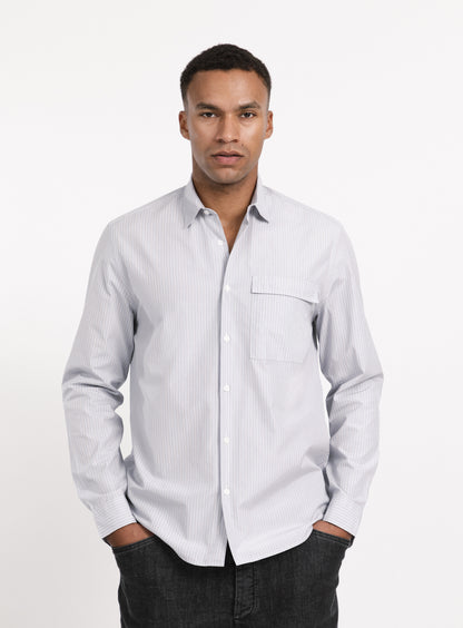 Shirt with Chest Pocket in Light Grey Poplin with Blue Fine Stripes