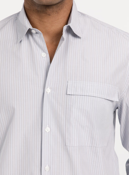 Shirt with Chest Pocket in Light Grey Poplin with Blue Fine Stripes