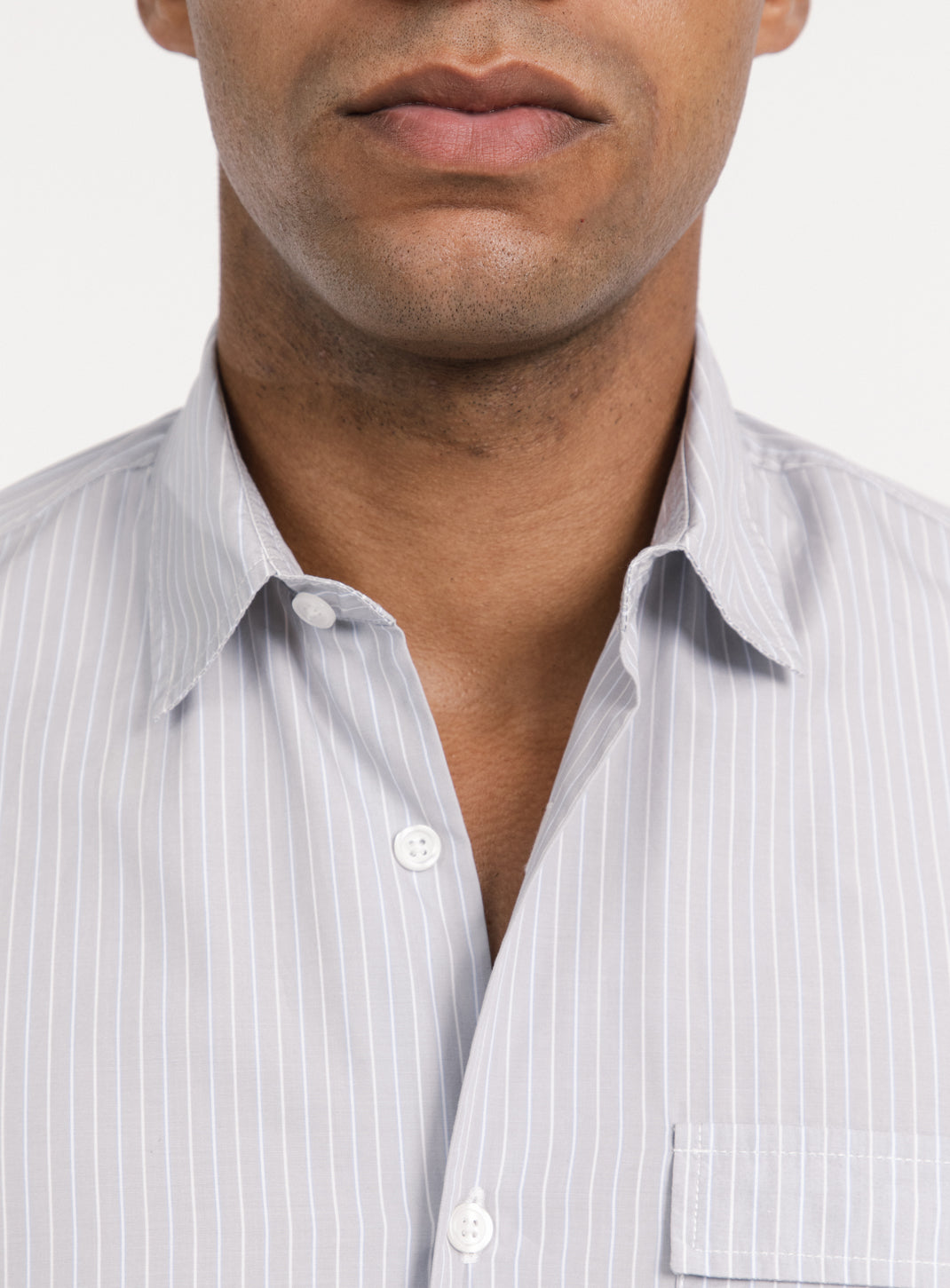 Shirt with Chest Pocket in Light Grey Poplin with Blue Fine Stripes