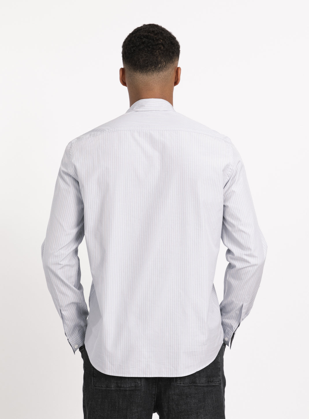 Shirt with Chest Pocket in Light Grey Poplin with Blue Fine Stripes