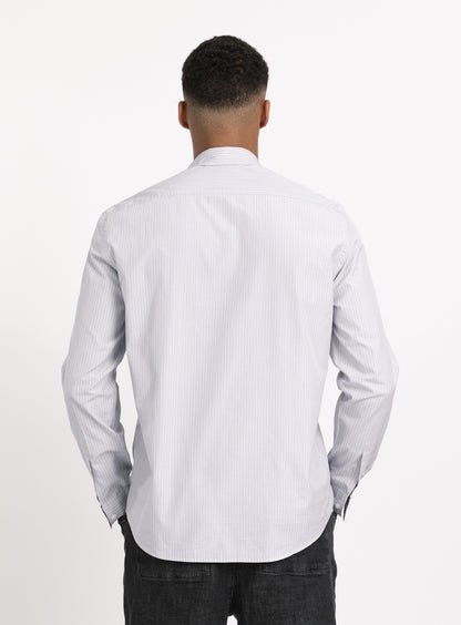 Shirt with Chest Pocket in Light Grey Poplin with Blue Fine Stripes