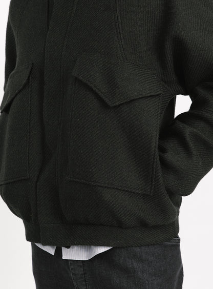 Bomber Jacket with Origami Collar in Dark Olive 100% Italian Wool