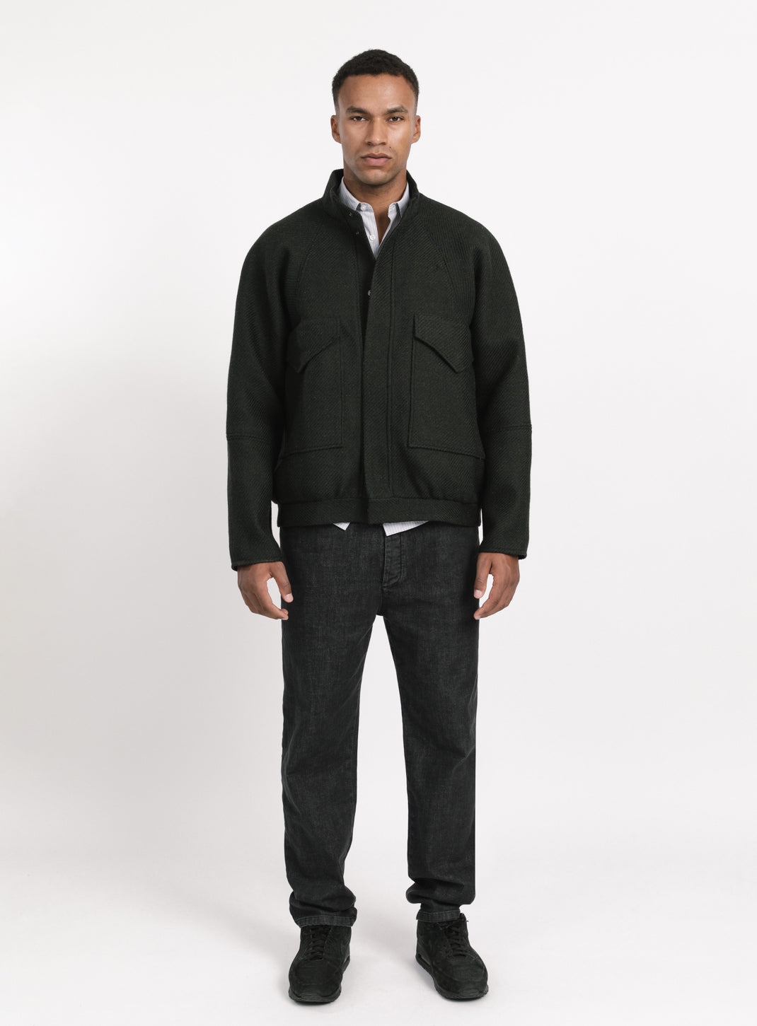 Bomber Jacket with Origami Collar in Dark Olive 100% Italian Wool