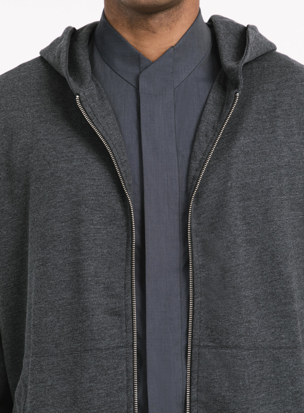 Hooded Cardigan with Notched Pockets in Heather Dark Grey Fleece