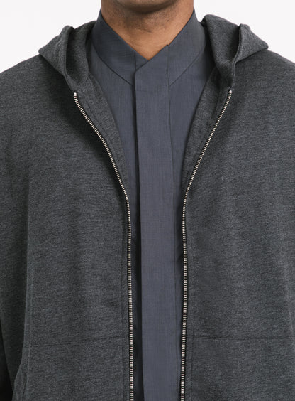 Hooded Cardigan with Notched Pockets in Heather Dark Grey Fleece