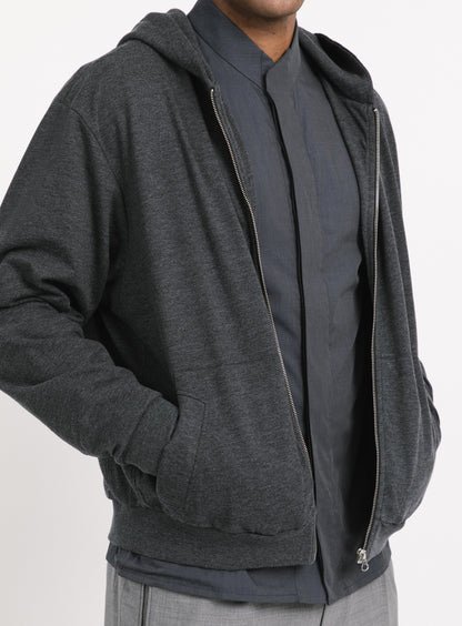 Hooded Cardigan with Notched Pockets in Heather Dark Grey Fleece