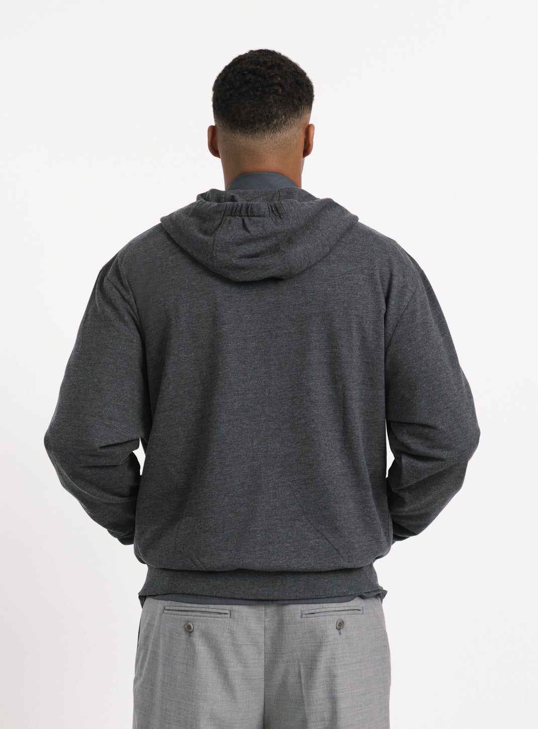 Hooded Cardigan with Notched Pockets in Heather Dark Grey Fleece