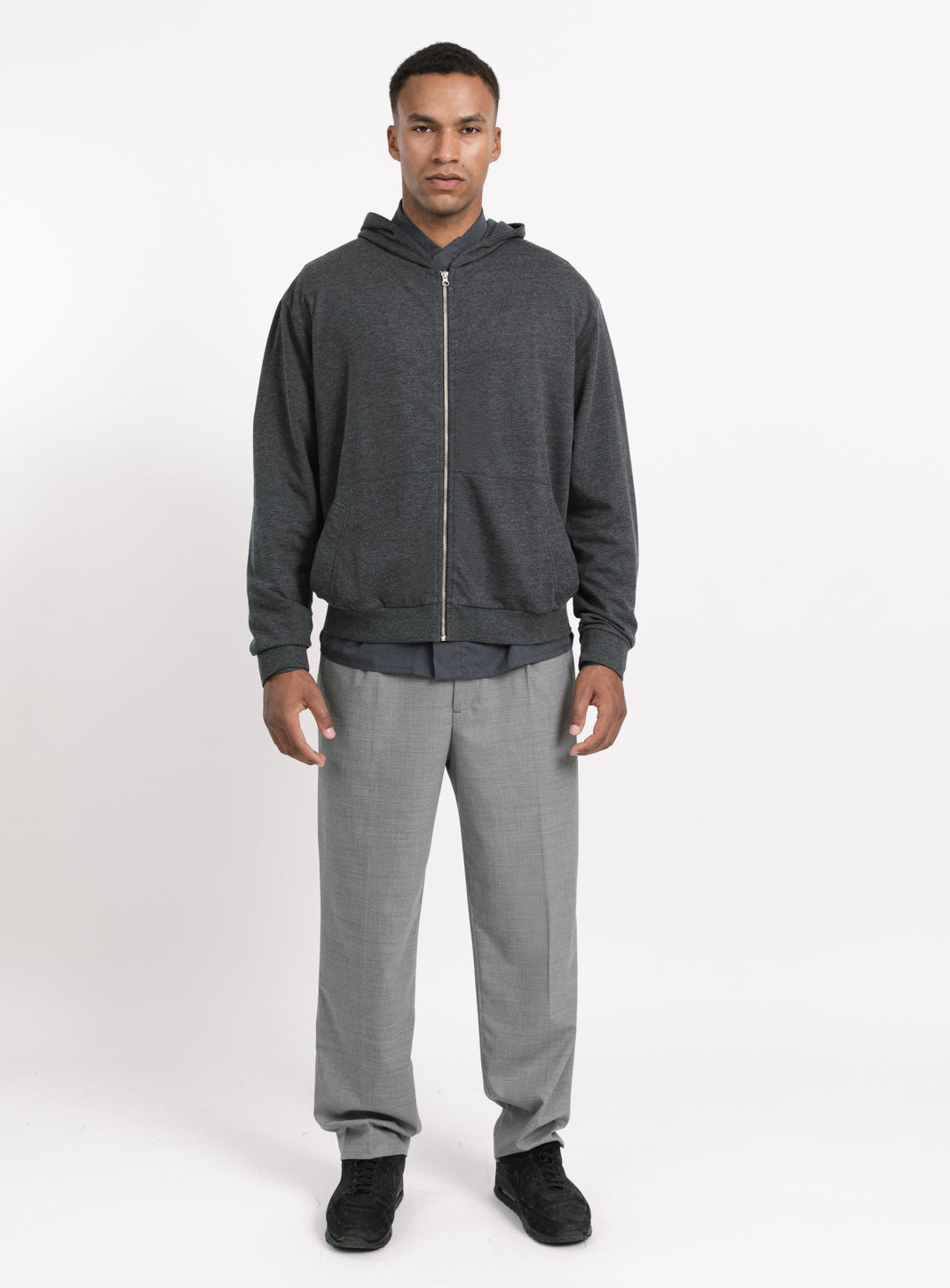Hooded Cardigan with Notched Pockets in Heather Dark Grey Fleece