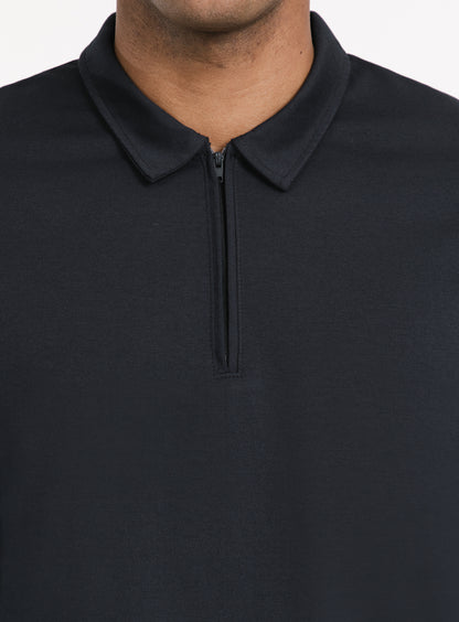 Long Sleeve Zipped Poloshirt in Navy Blue Technical Knit
