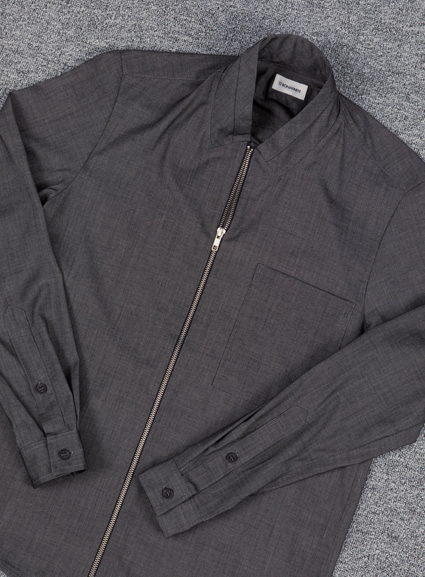 Zipped Double Collar Overshirt in Dark Grey Twill