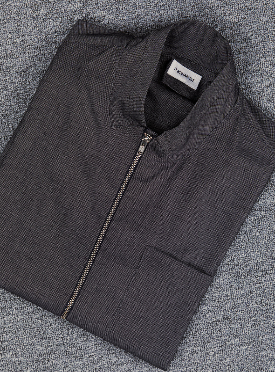 Zipped Double Collar Overshirt in Dark Grey Twill