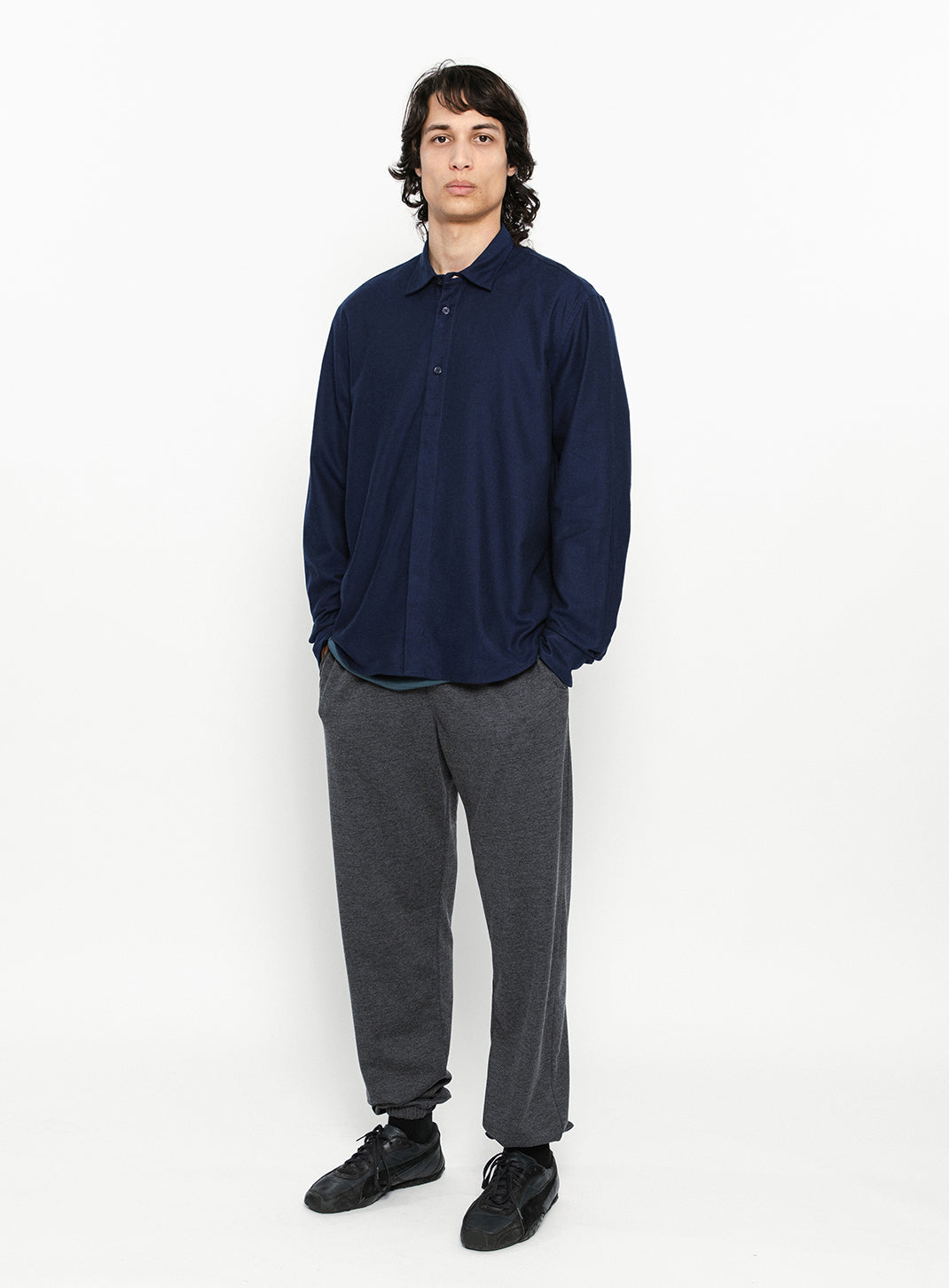 Shirt with Polo Tab in Navy Blue Cotton Flannel