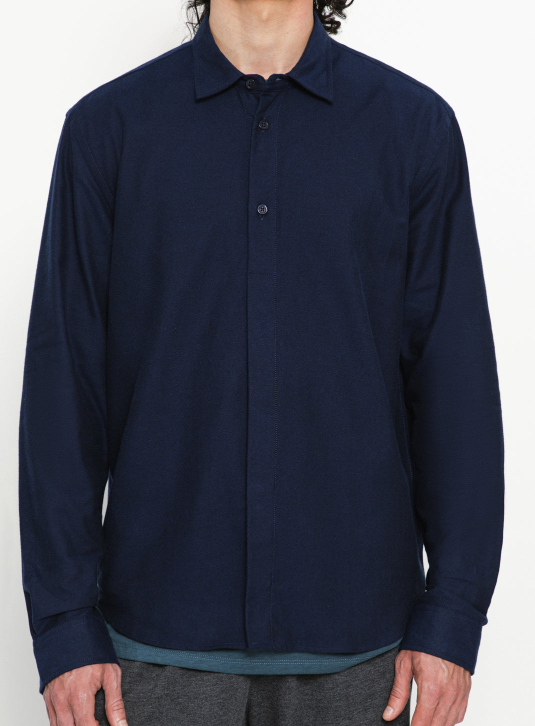 Shirt with Polo Tab in Navy Blue Cotton Flannel