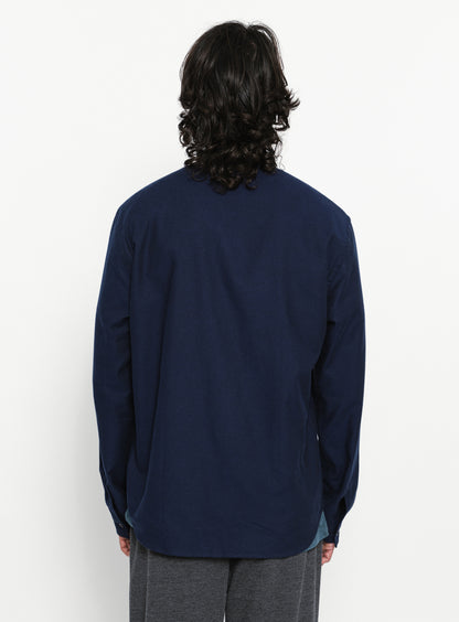 Shirt with Polo Tab in Navy Blue Cotton Flannel