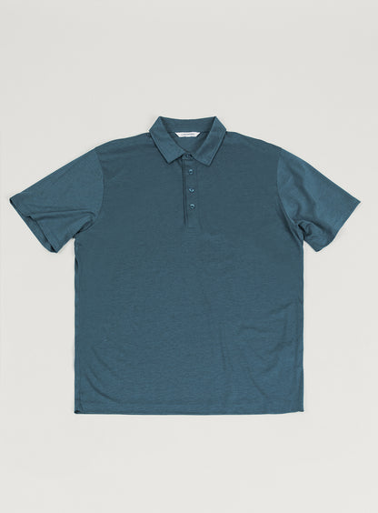 Pleated Tab Short Sleeve Poloshirt in Petrol Blue Eucalyptus & Cotton