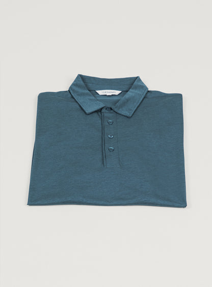 Pleated Tab Short Sleeve Poloshirt in Petrol Blue Eucalyptus & Cotton