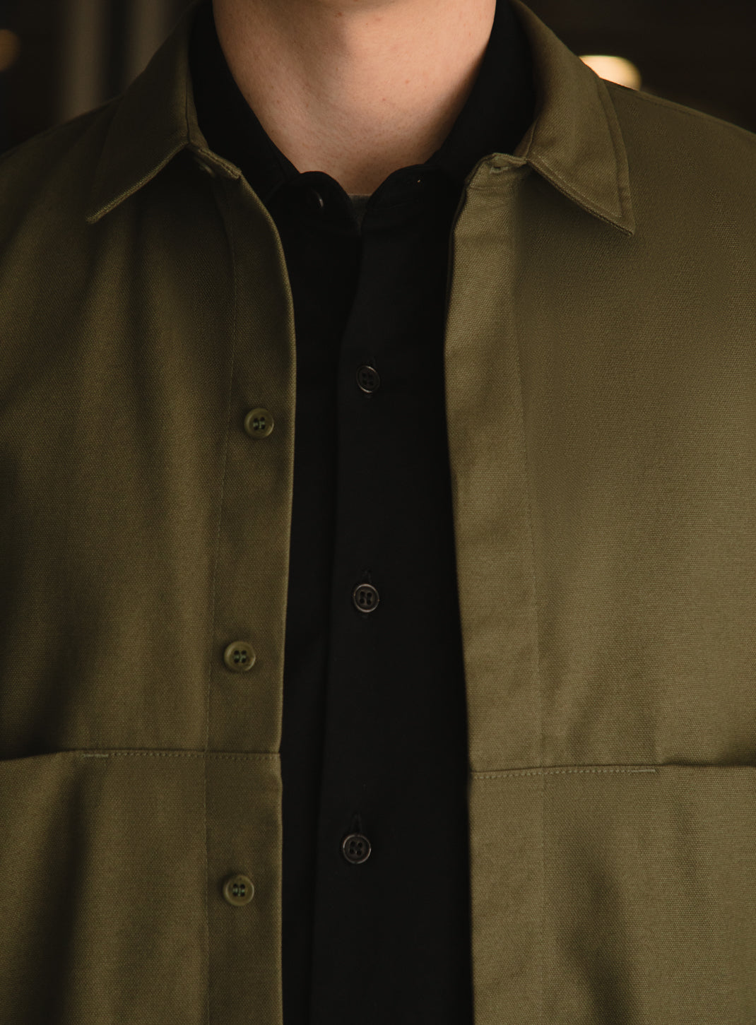 Overshirt with Front Cuts in Olive Canvas
